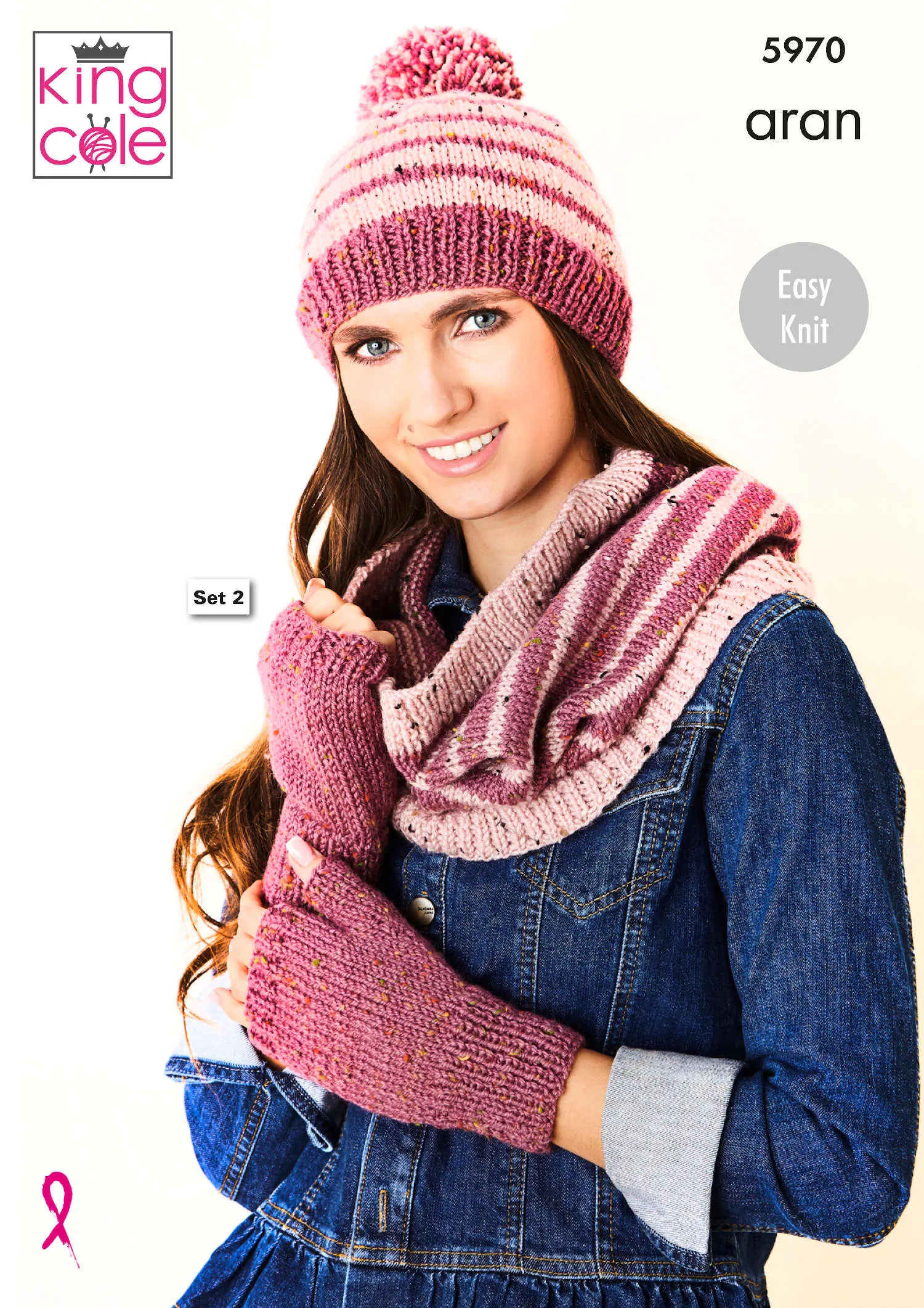 King Cole 5970 Aran Knitting Pattern -  Ladies Easy Knit Hat, Mittens, Finger-less Gloves & Cowl