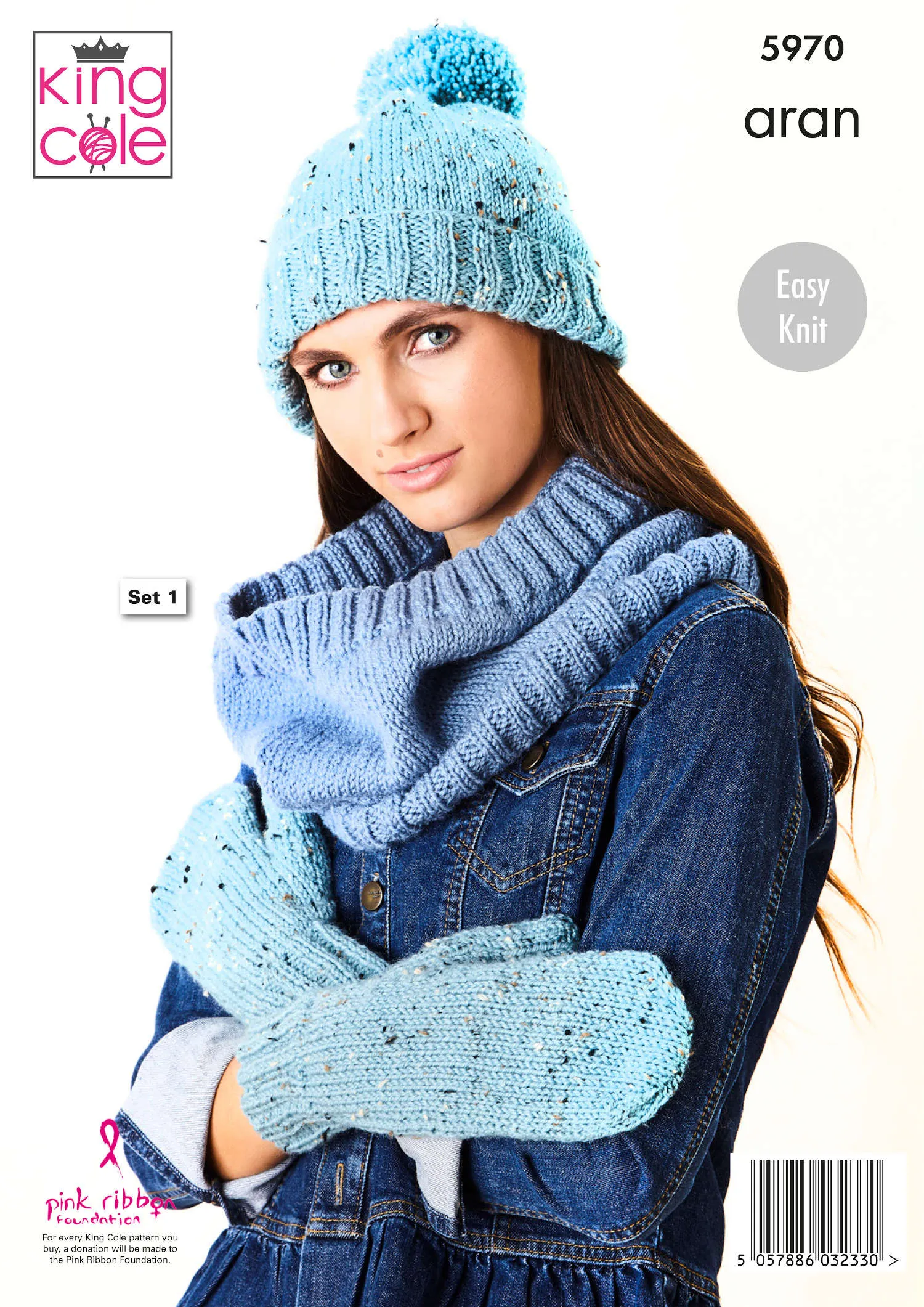 King Cole 5970 Aran Knitting Pattern -  Ladies Easy Knit Hat, Mittens, Finger-less Gloves & Cowl