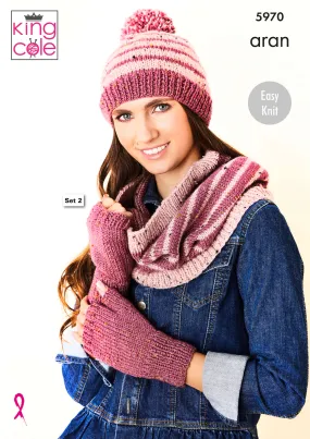 King Cole 5970 Aran Knitting Pattern -  Ladies Easy Knit Hat, Mittens, Finger-less Gloves & Cowl
