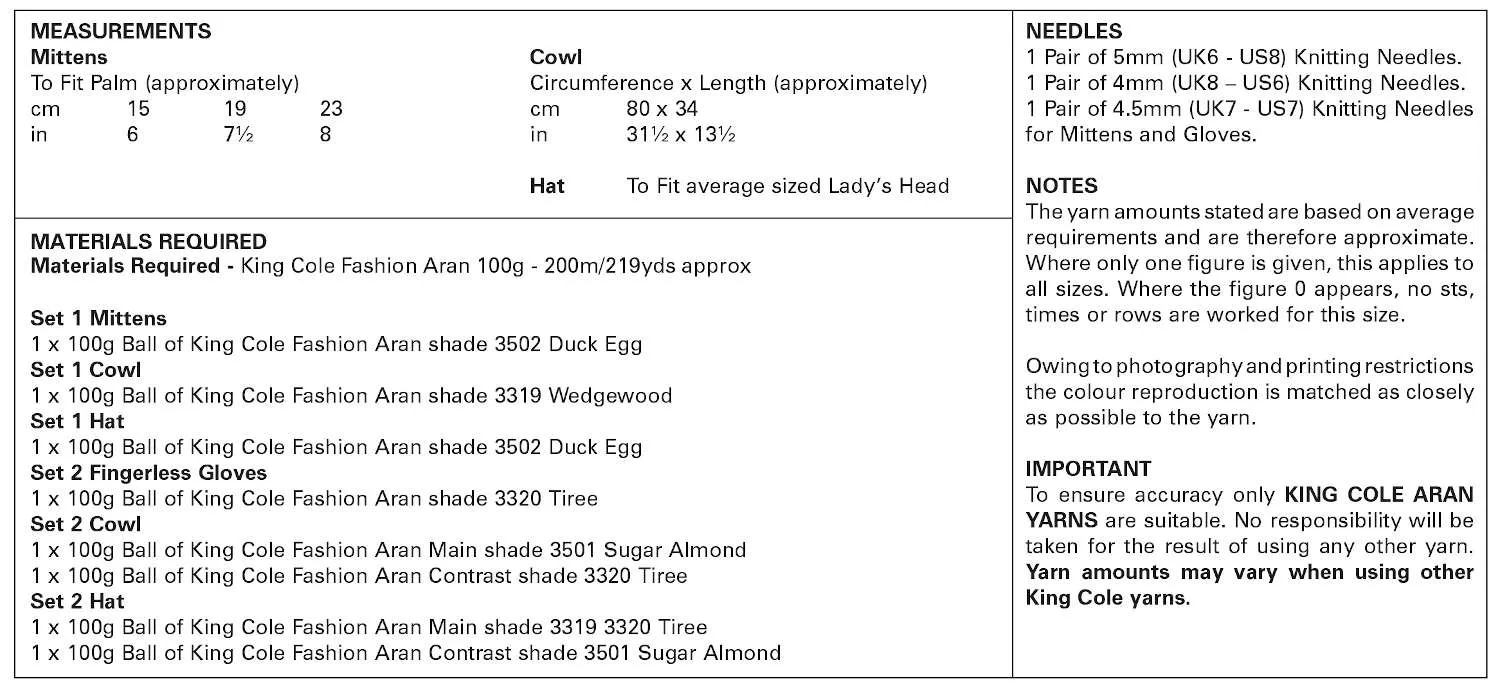 King Cole 5970 Aran Knitting Pattern -  Ladies Easy Knit Hat, Mittens, Finger-less Gloves & Cowl