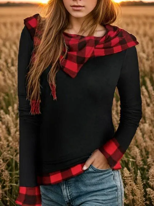 Layered Effect Red Black Plaid Hoodie