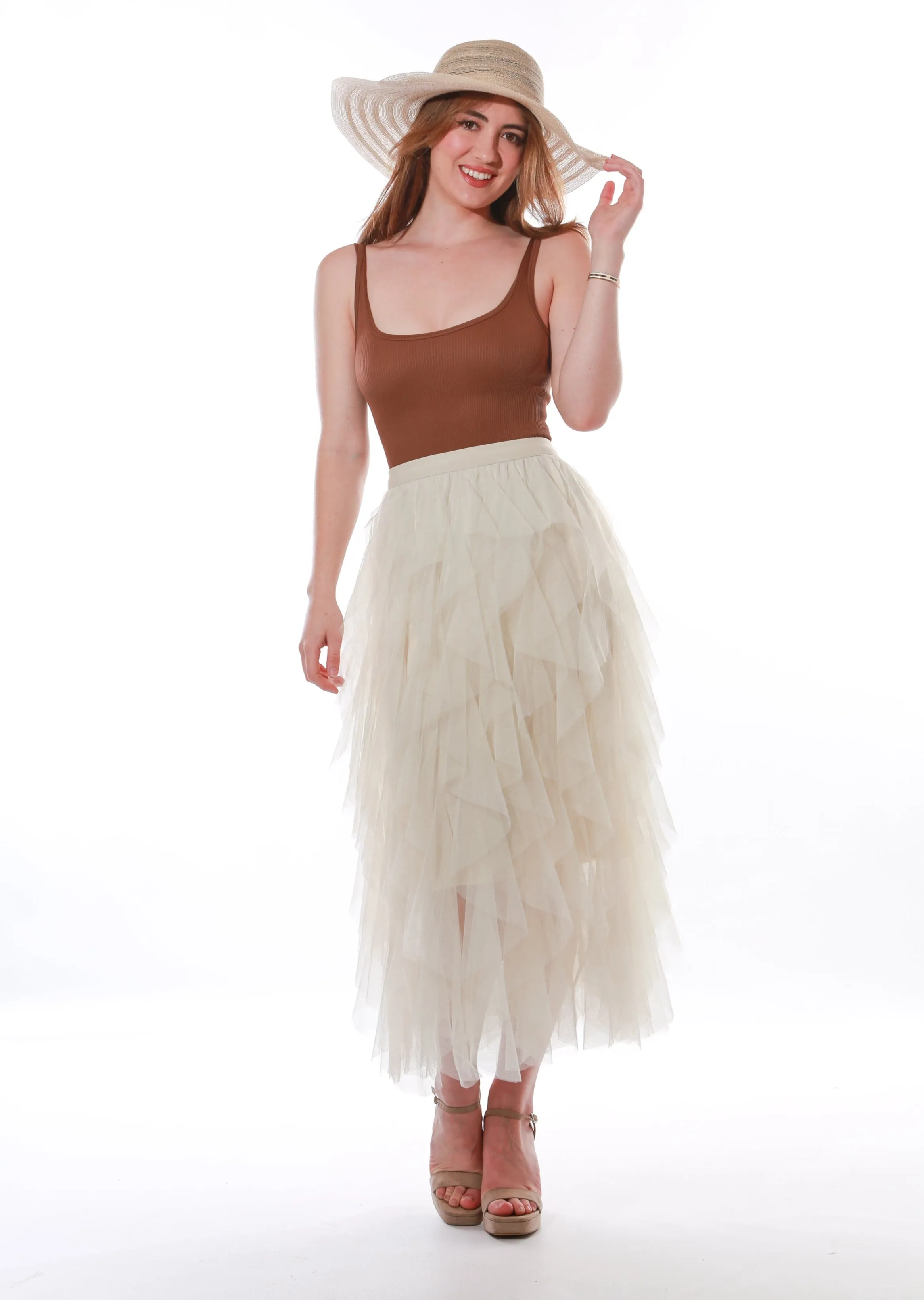 Layered Tulle Ruffle mesh Midi Skirt-Beige