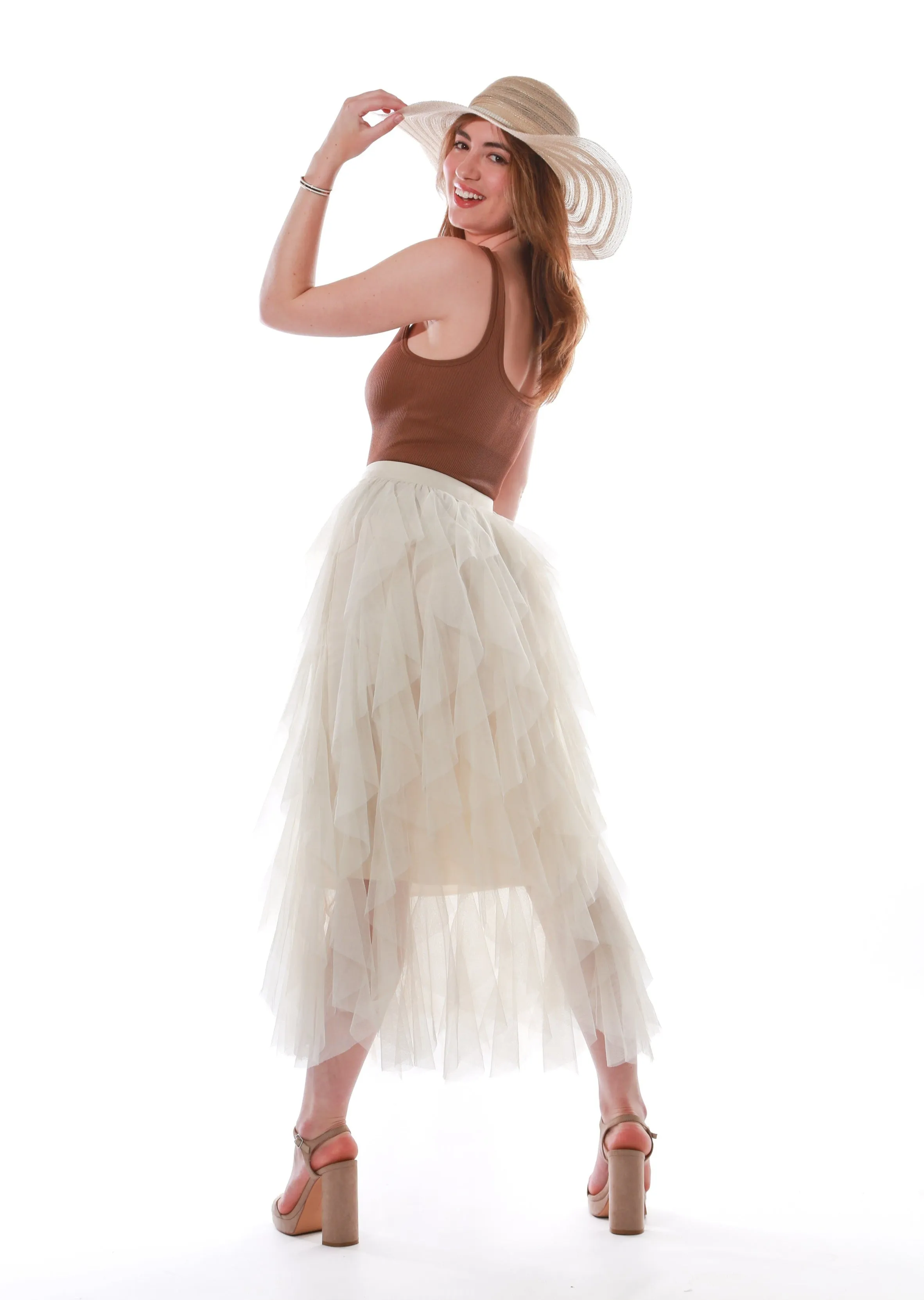 Layered Tulle Ruffle mesh Midi Skirt-Beige
