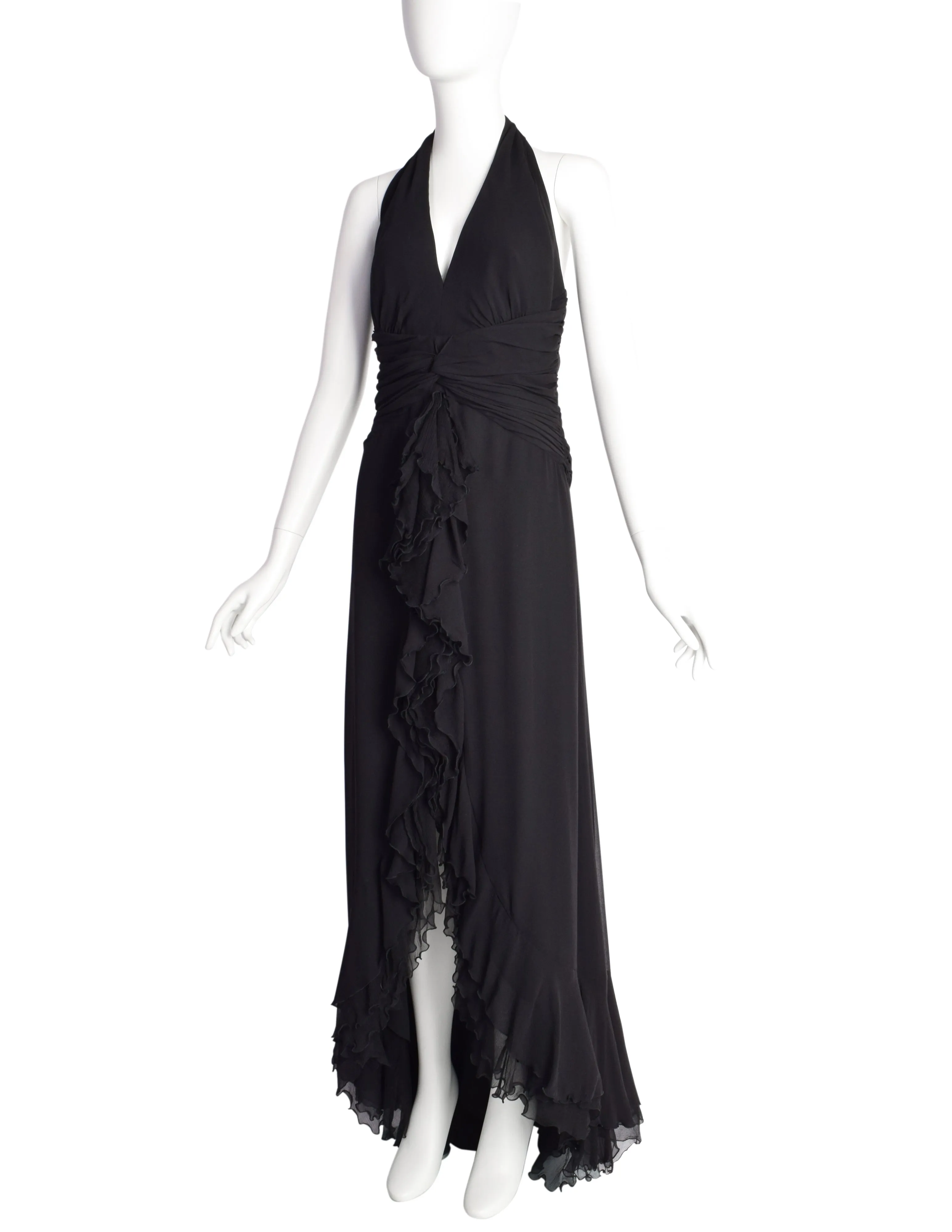 Luisa Spagnoli Vintage Black Silk Georgette Layered Train Halter Dress