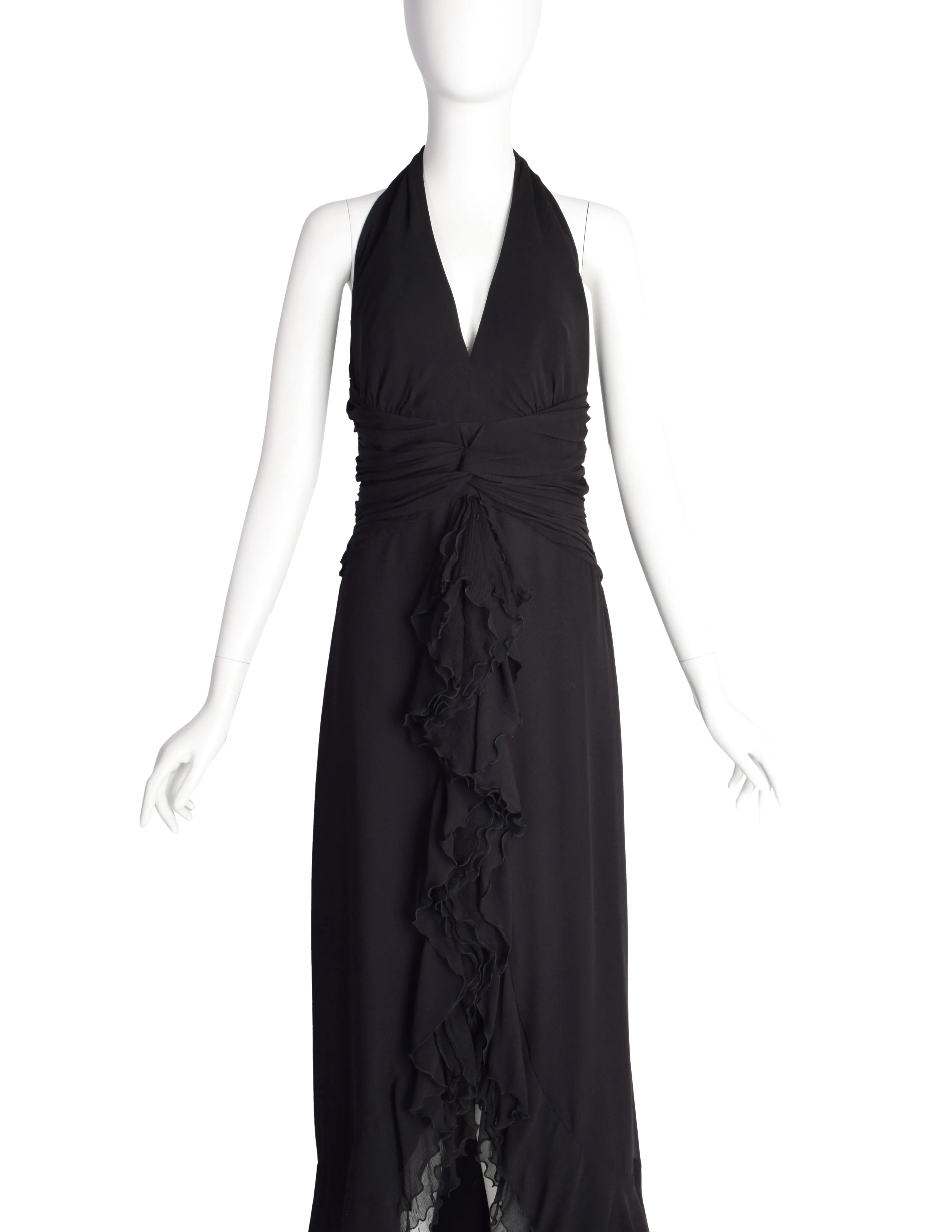 Luisa Spagnoli Vintage Black Silk Georgette Layered Train Halter Dress