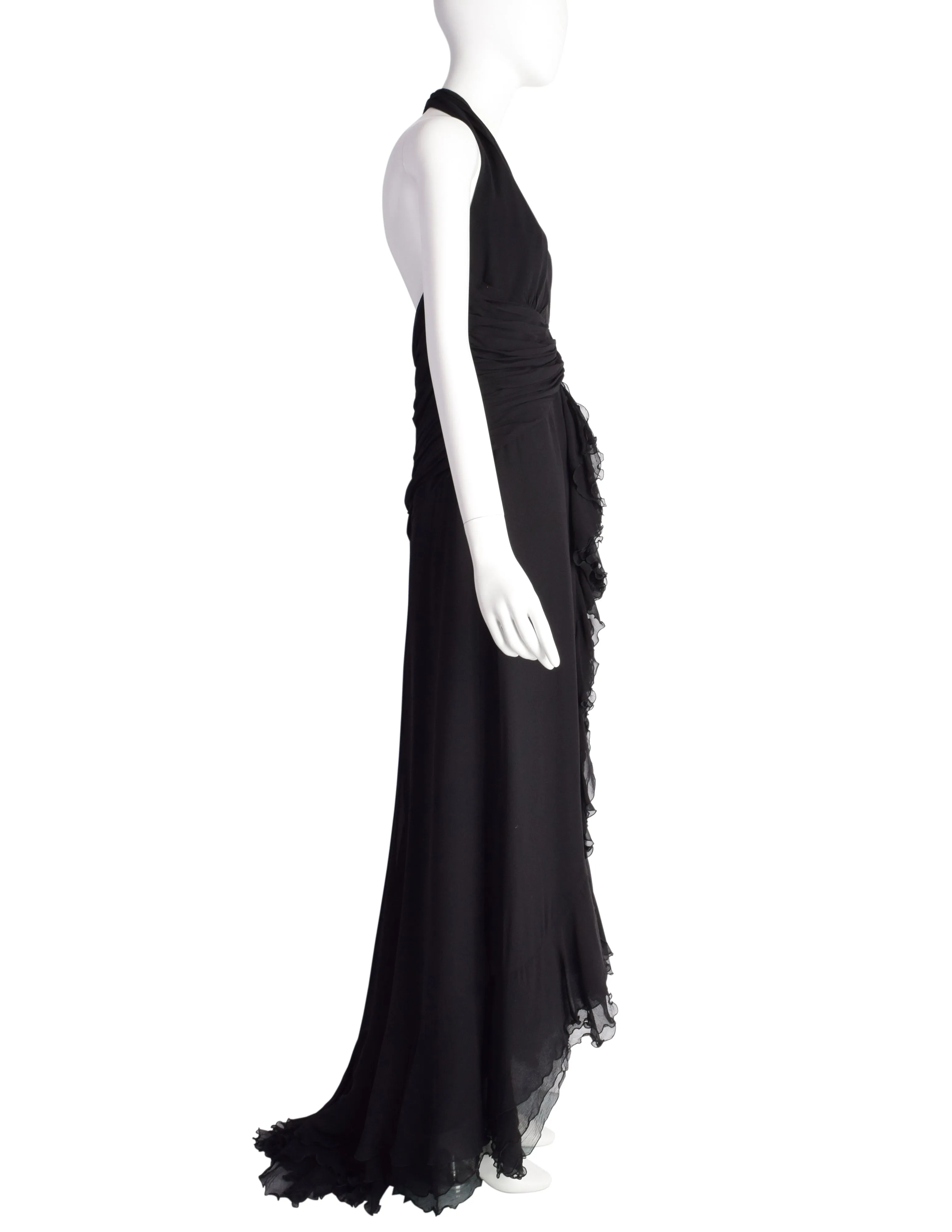 Luisa Spagnoli Vintage Black Silk Georgette Layered Train Halter Dress