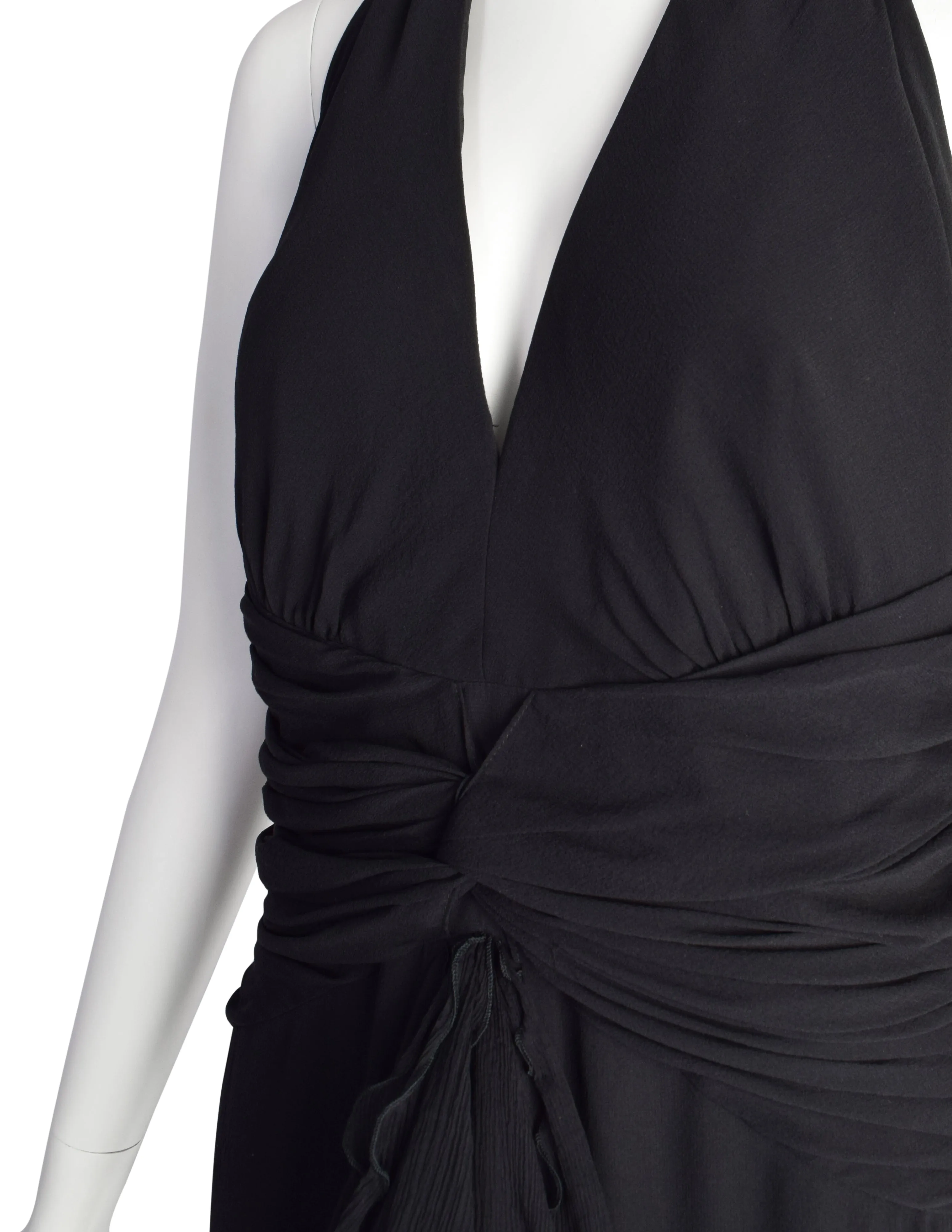 Luisa Spagnoli Vintage Black Silk Georgette Layered Train Halter Dress