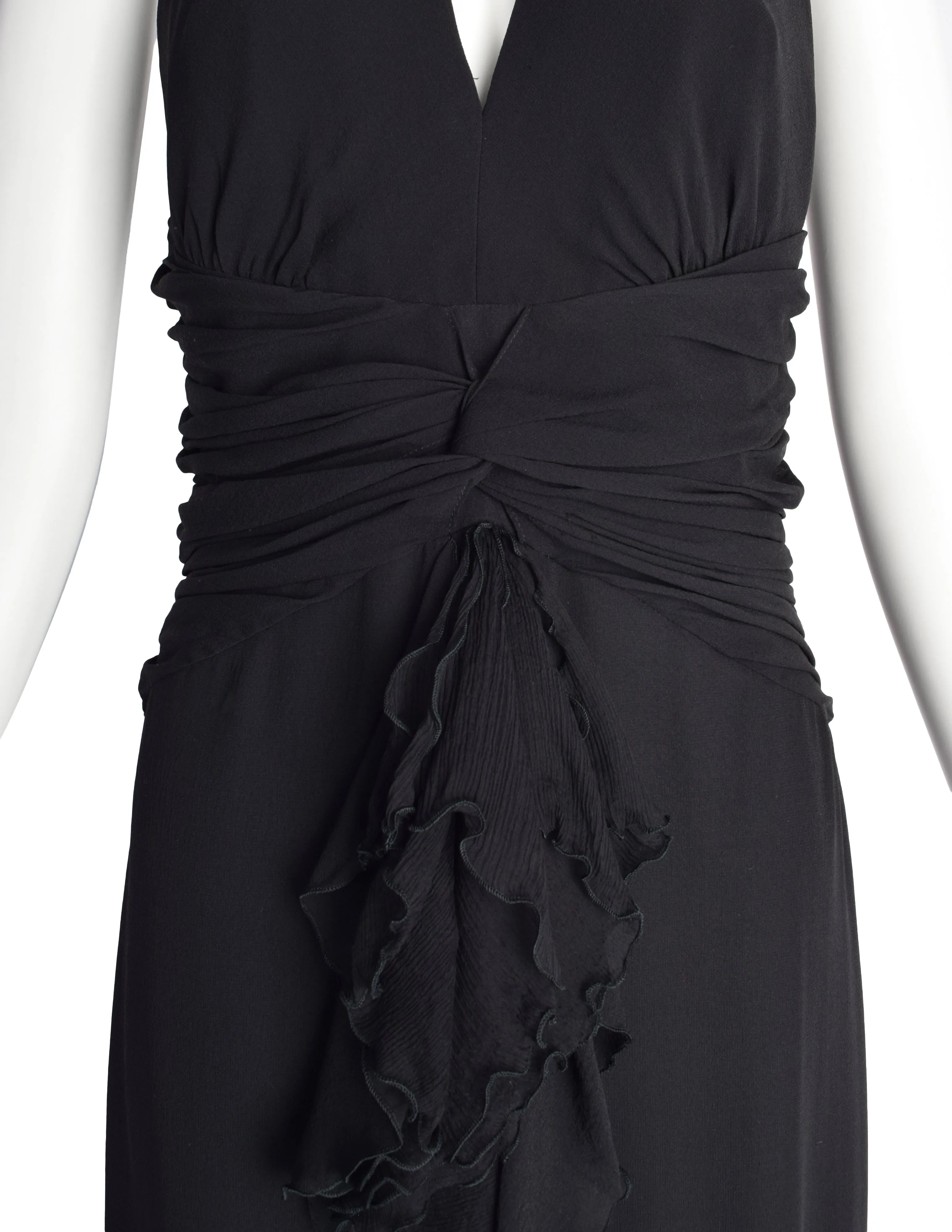 Luisa Spagnoli Vintage Black Silk Georgette Layered Train Halter Dress