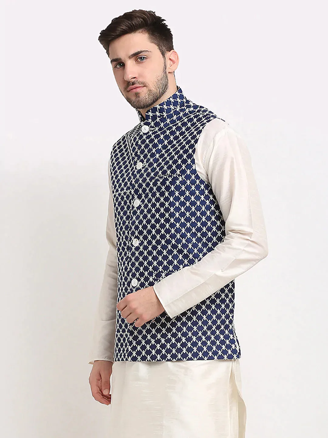 Men'S Navy Blue Navy Blue And White Embroidered Nehru Jacket