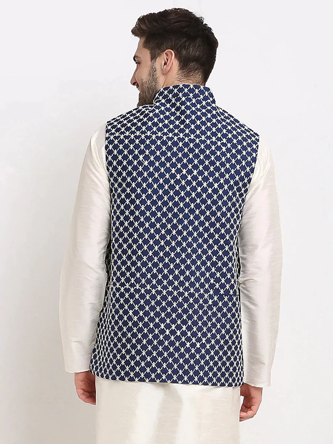Men'S Navy Blue Navy Blue And White Embroidered Nehru Jacket