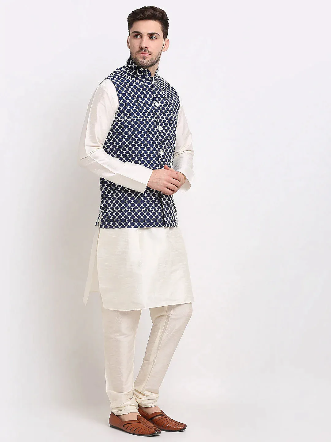 Men'S Navy Blue Navy Blue And White Embroidered Nehru Jacket