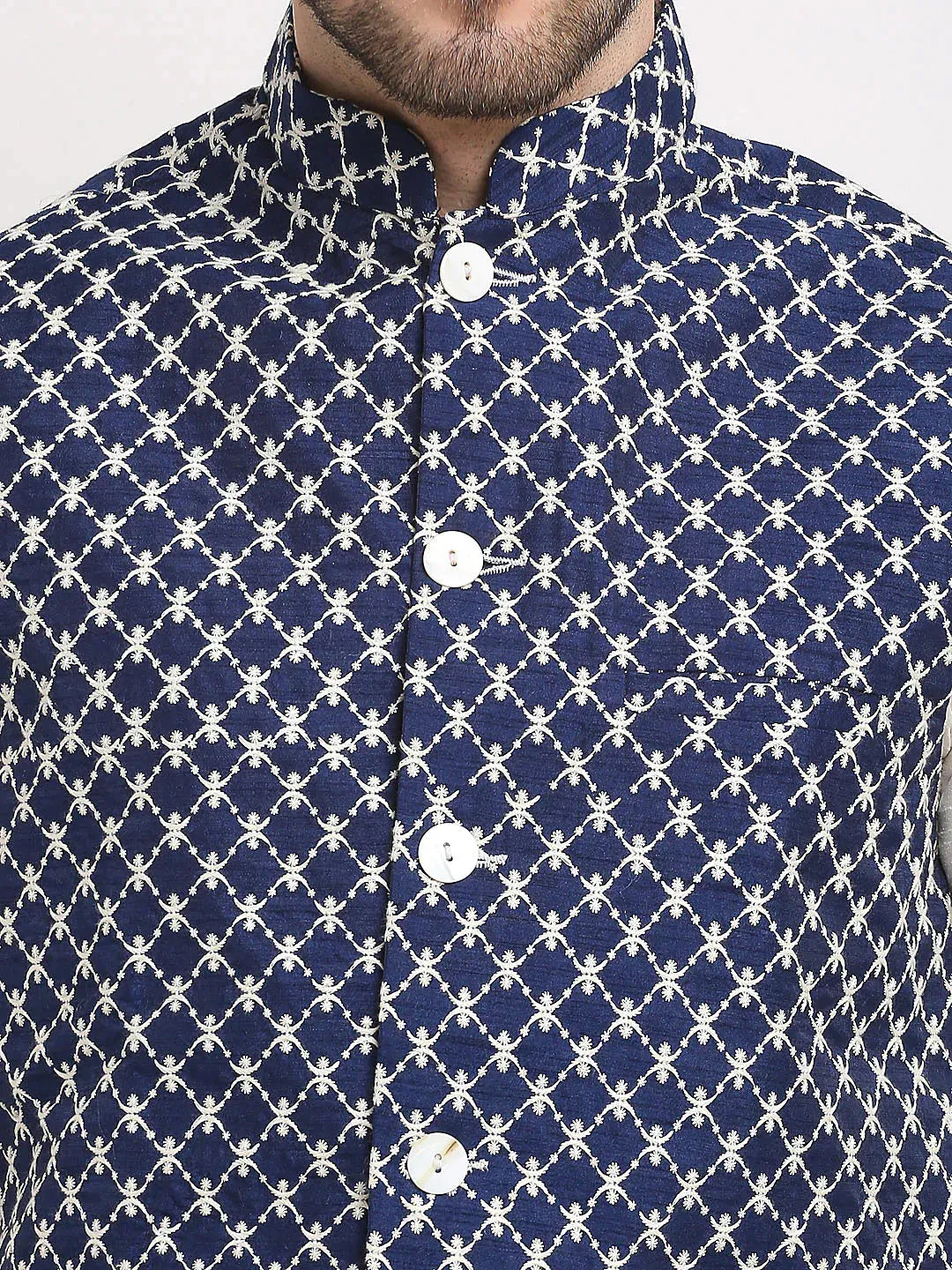Men'S Navy Blue Navy Blue And White Embroidered Nehru Jacket