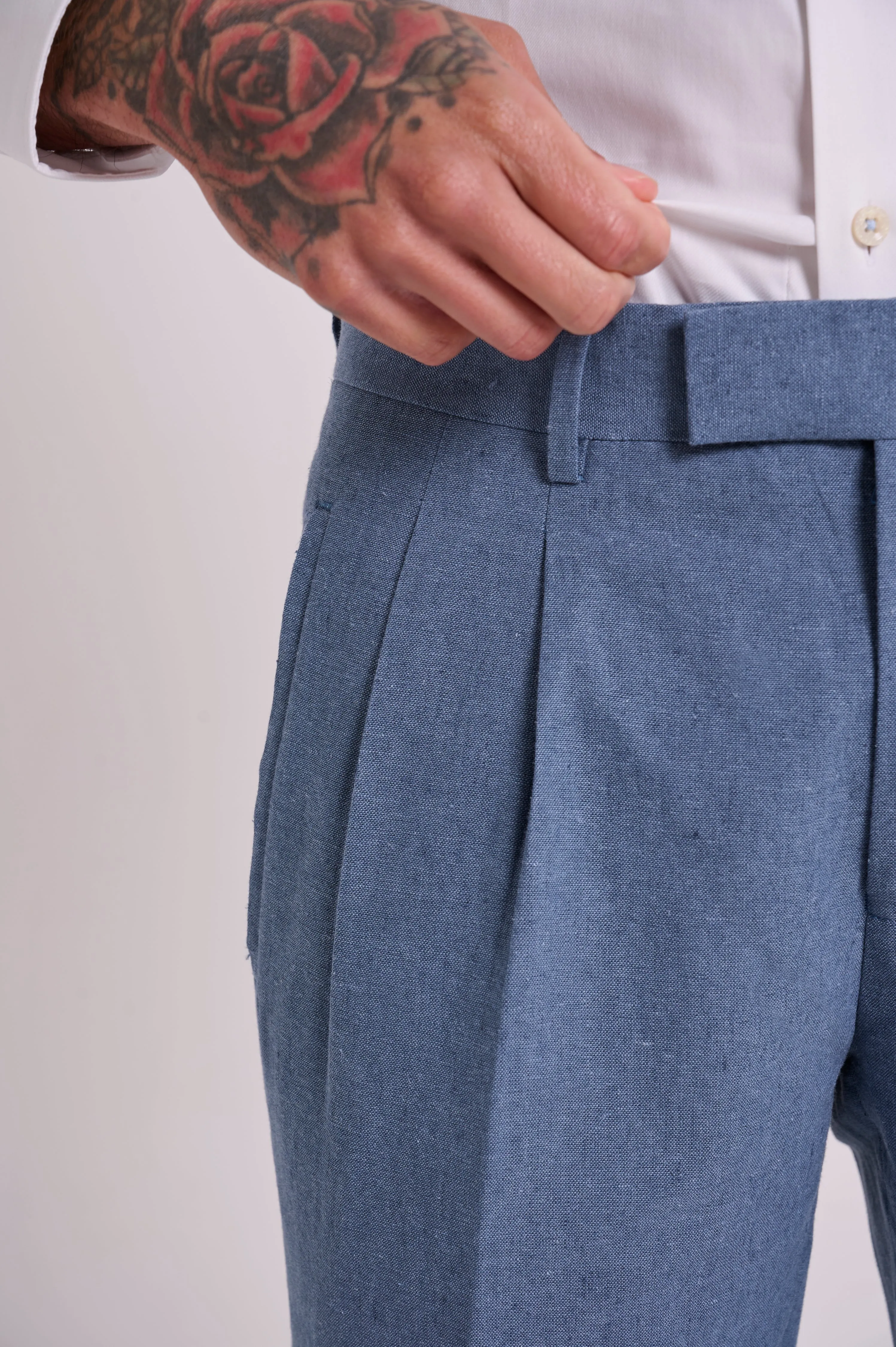 Oliver Slim Fit Linen Cotton Blend Suit Smart Trousers in Mid Blue