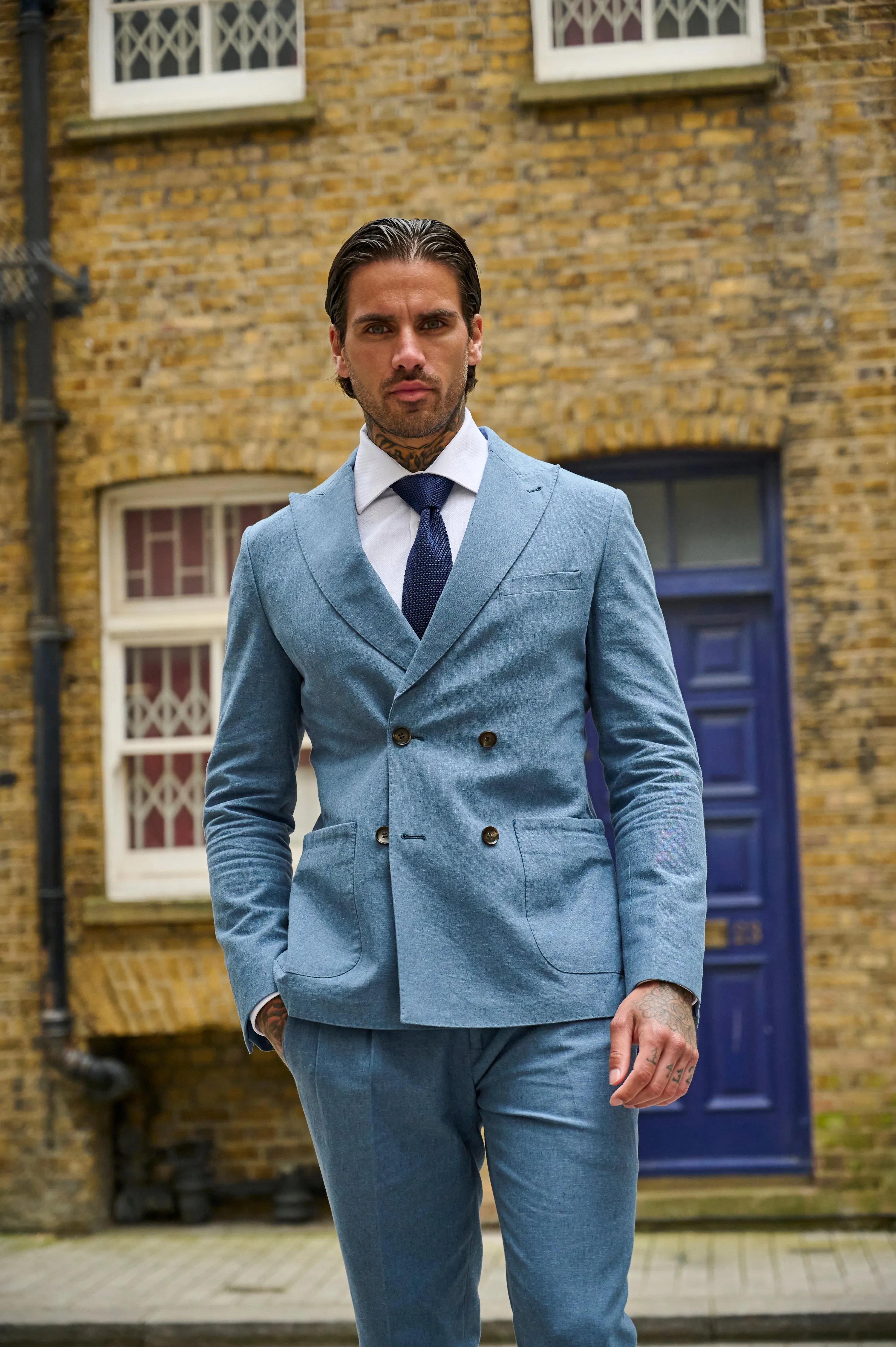 Oliver Slim Fit Linen Cotton Blend Suit Smart Trousers in Mid Blue