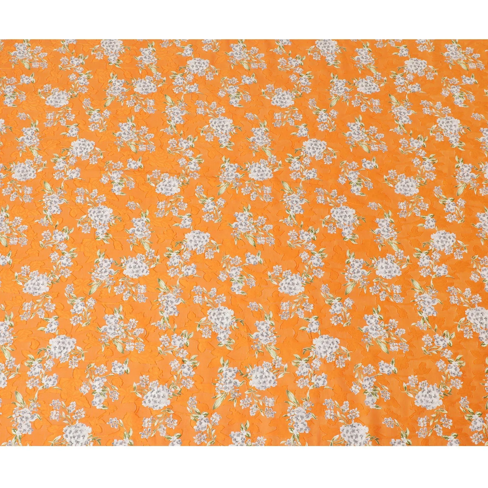 Orange uragiri cotton voile fabric with same tone jacquard grey, black and olive green print in floral design-D14326
