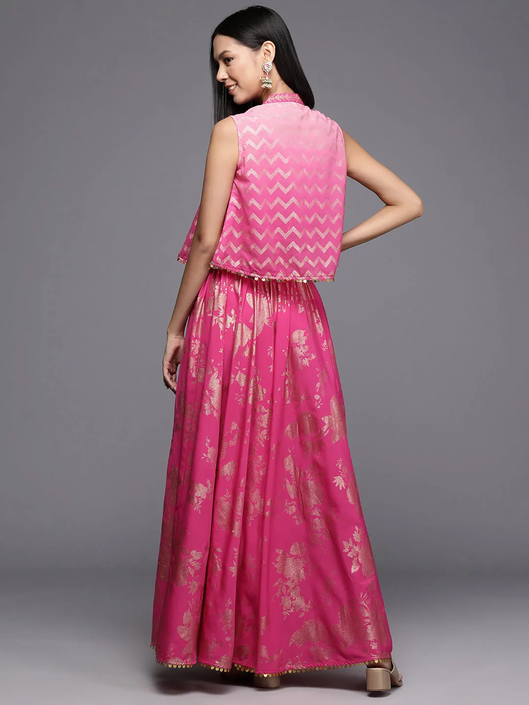 Pink Floral Printed Co-Ords Set with Sequins and Lace Detail