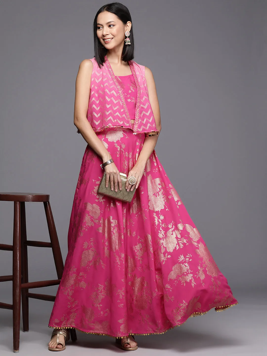Pink Floral Printed Co-Ords Set with Sequins and Lace Detail