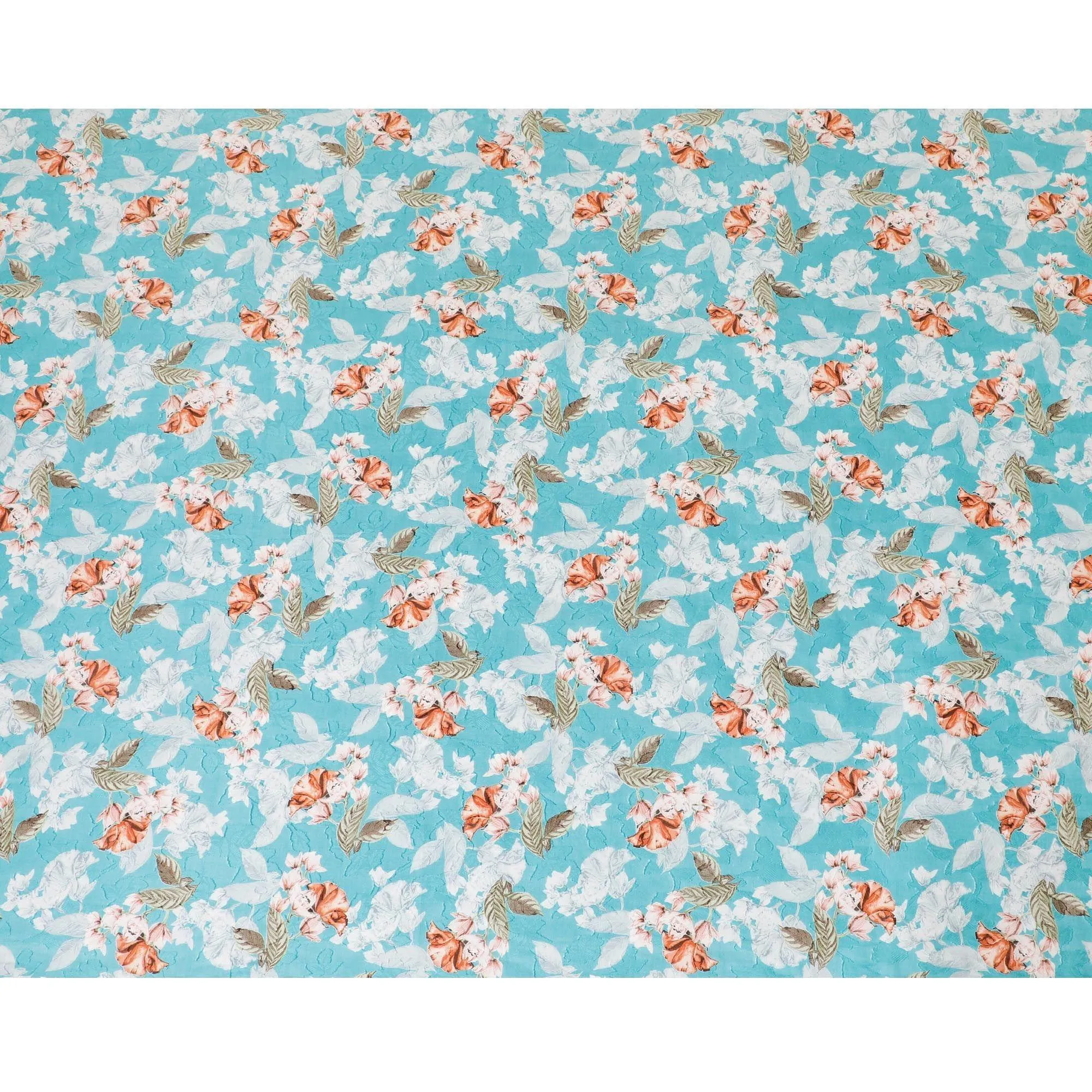 Sky blue uragiri cotton voile fabric with same tone jacquard having off white, peach and sage green print in floral design-D7339