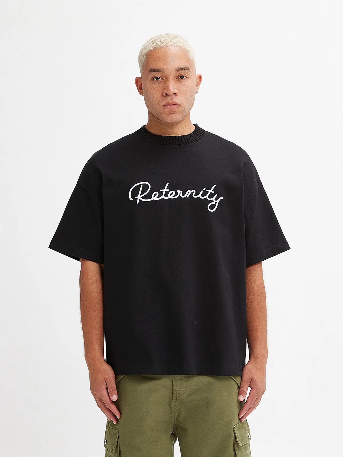 T-SHIRT WITH KNITTED COLLAR - BLACK