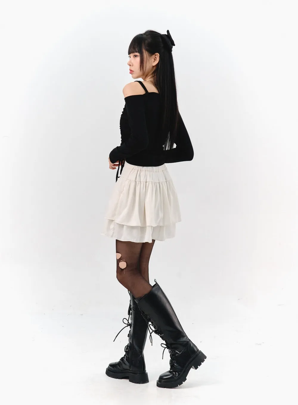 Tiered Elastic Band Mini Skirt IS322