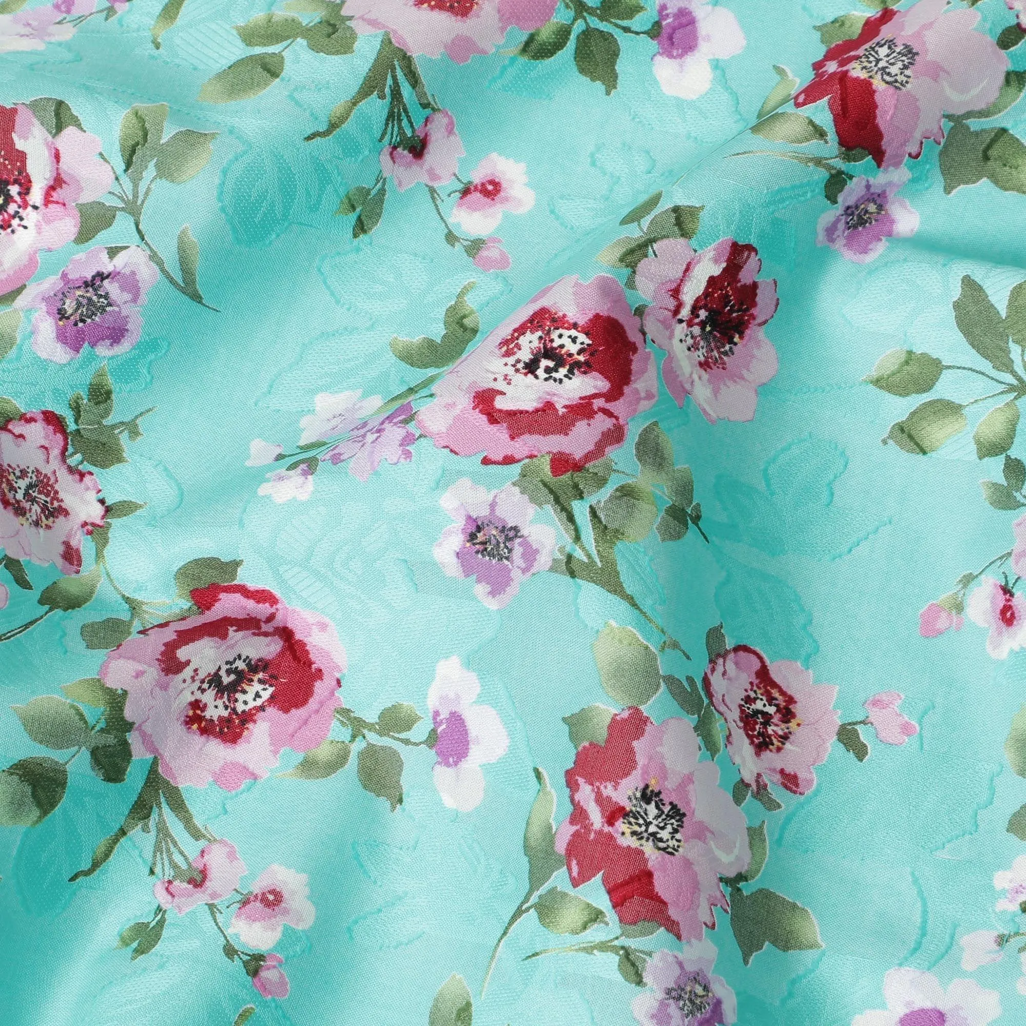 Turquoise green uragiri cotton voile fabric with same tone jacquard baby pink, olive green, beige and black print in floral design-D10573