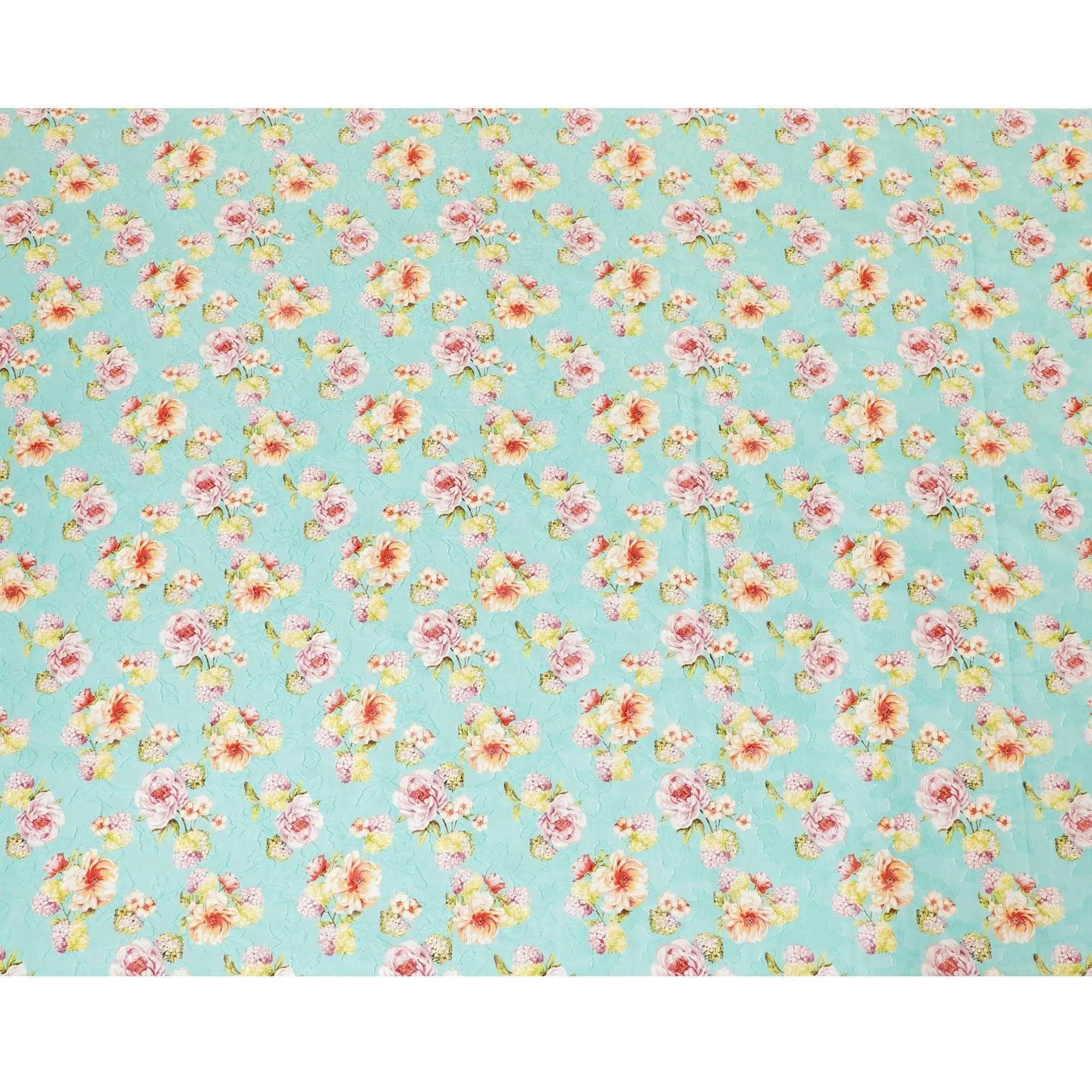 Vista blue uragiri cotton voile fabric with same tone jacquard having olive green, cerise pink, peach and off white print in floral design-D7342