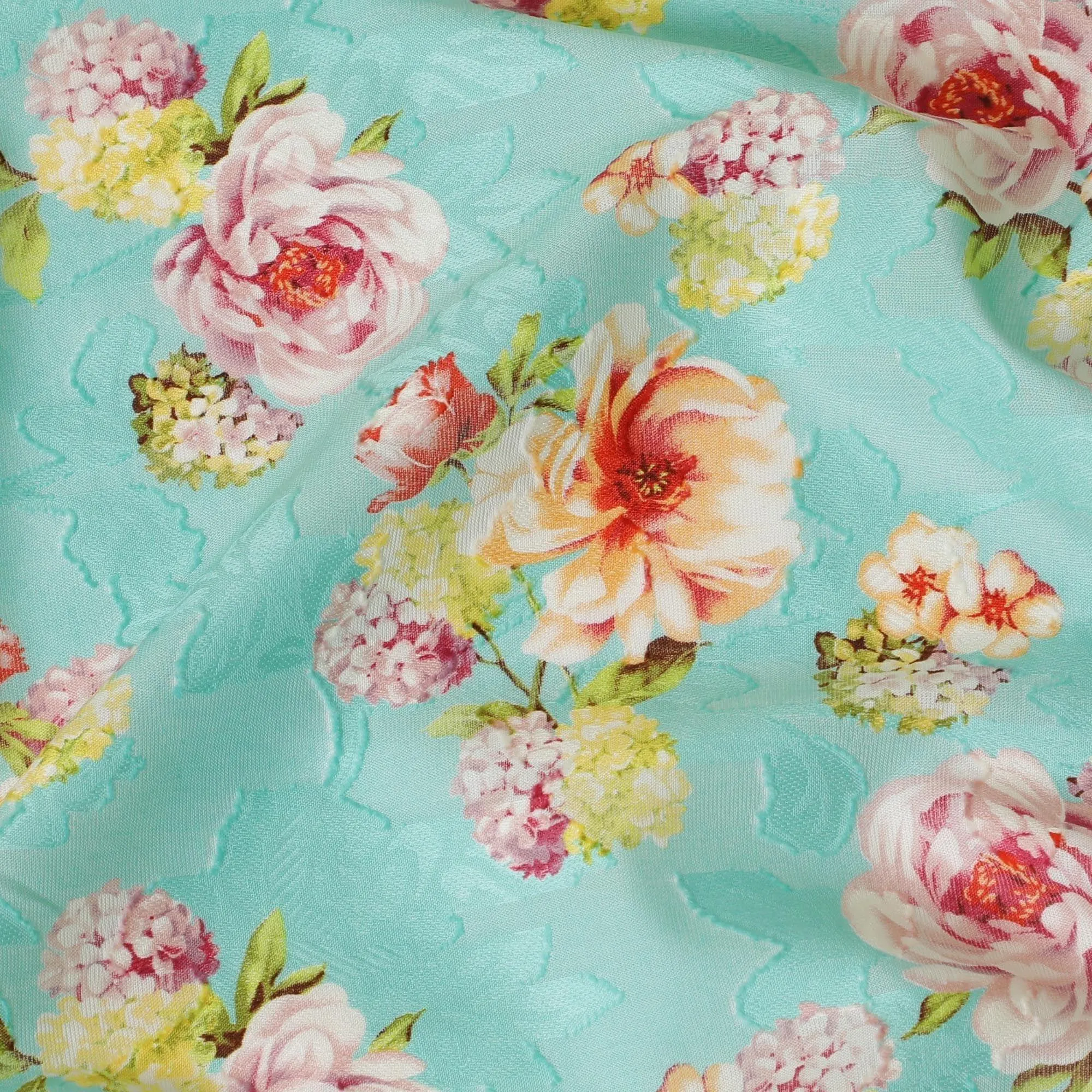 Vista blue uragiri cotton voile fabric with same tone jacquard having olive green, cerise pink, peach and off white print in floral design-D7342