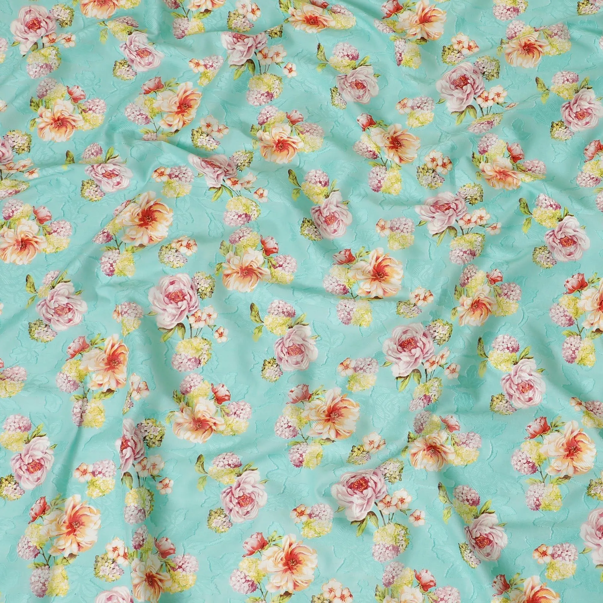 Vista blue uragiri cotton voile fabric with same tone jacquard having olive green, cerise pink, peach and off white print in floral design-D7342