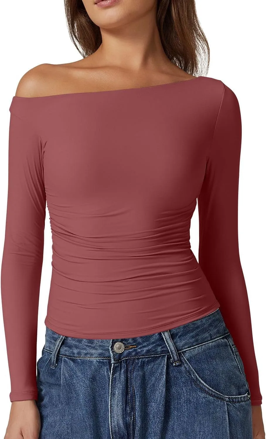 Women'S Sexy off Shoulder Shirt Long Sleeve Double Lined Tops Side Ruched Fitted Tees