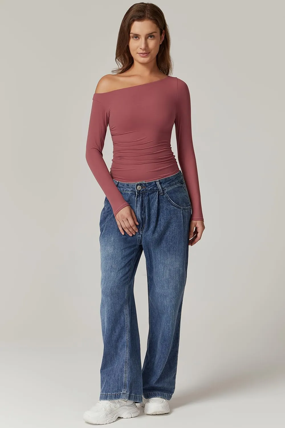 Women'S Sexy off Shoulder Shirt Long Sleeve Double Lined Tops Side Ruched Fitted Tees