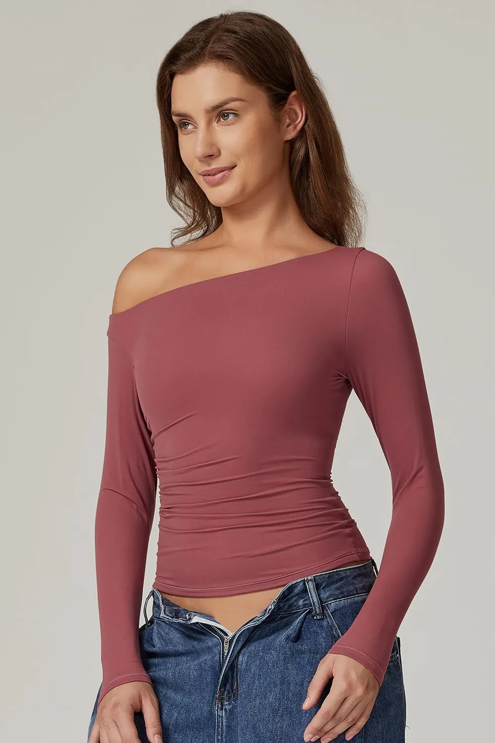Women'S Sexy off Shoulder Shirt Long Sleeve Double Lined Tops Side Ruched Fitted Tees