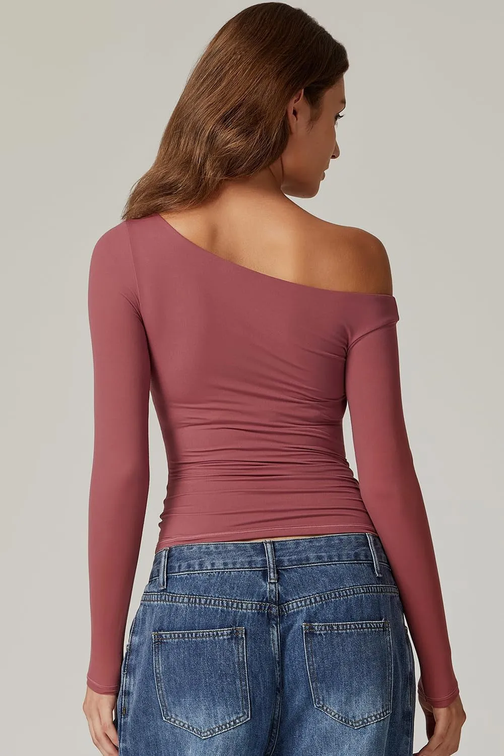 Women'S Sexy off Shoulder Shirt Long Sleeve Double Lined Tops Side Ruched Fitted Tees