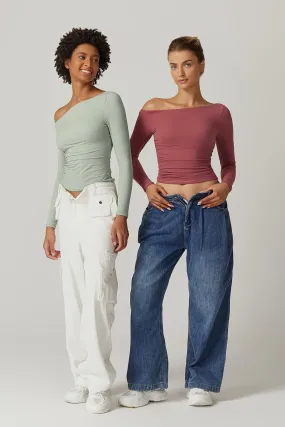Women'S Sexy off Shoulder Shirt Long Sleeve Double Lined Tops Side Ruched Fitted Tees