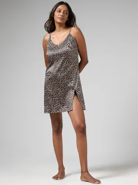 Wunderlove Dark Brown Animal Printed Satin Slip