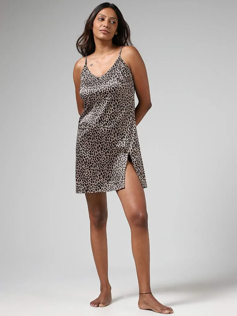 Wunderlove Dark Brown Animal Printed Satin Slip